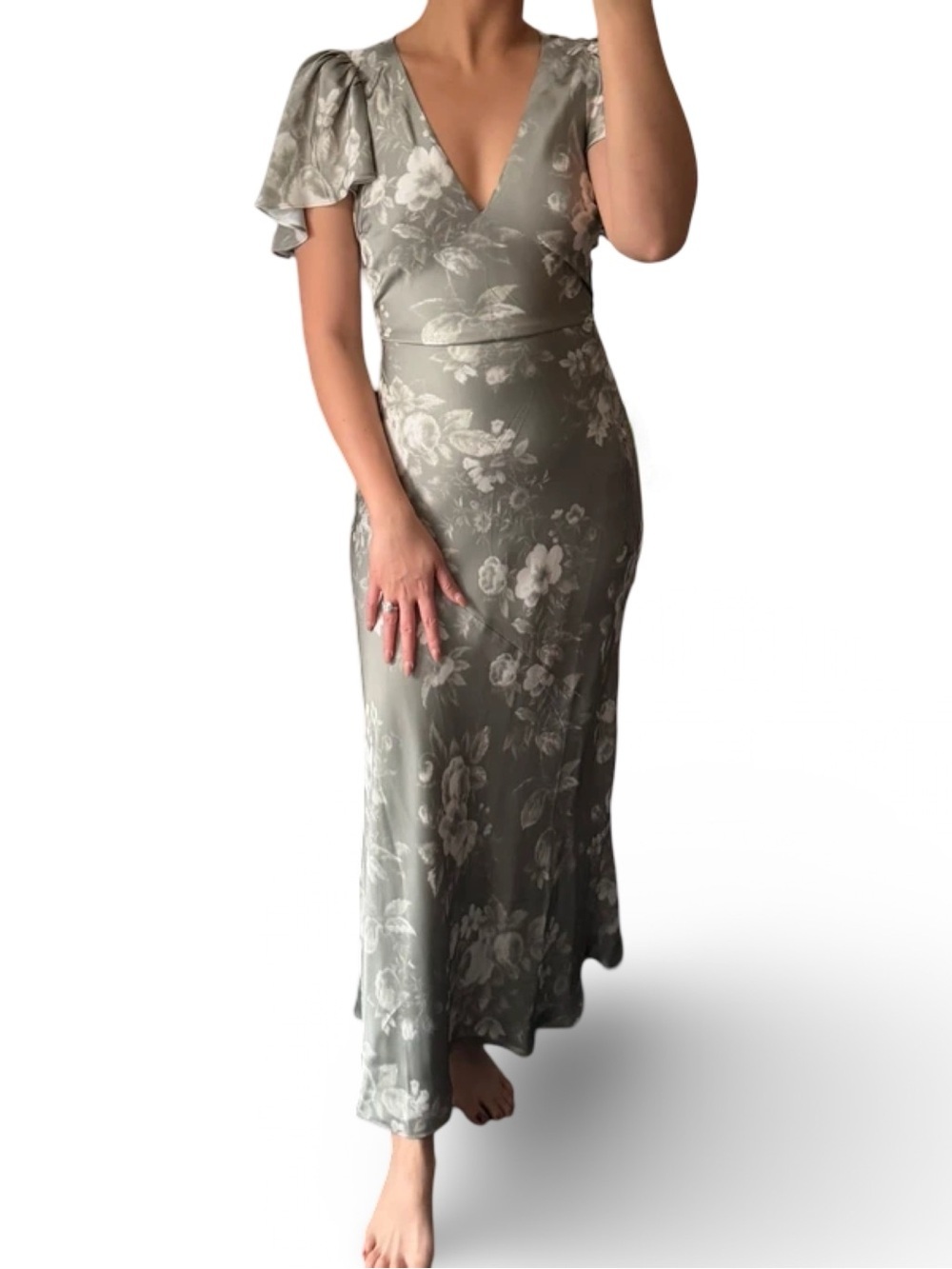 Reformation Vida Satin Maxi Dress | Vendela Floral Print Sage Ivory | Size 0 - Picture 8 of 16